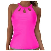 Linfrsh High Neck Tankini Top Backless Bathing Suit Tops for Women Swimsuit Top Key Hole Swim Top Only Hot Pink,M